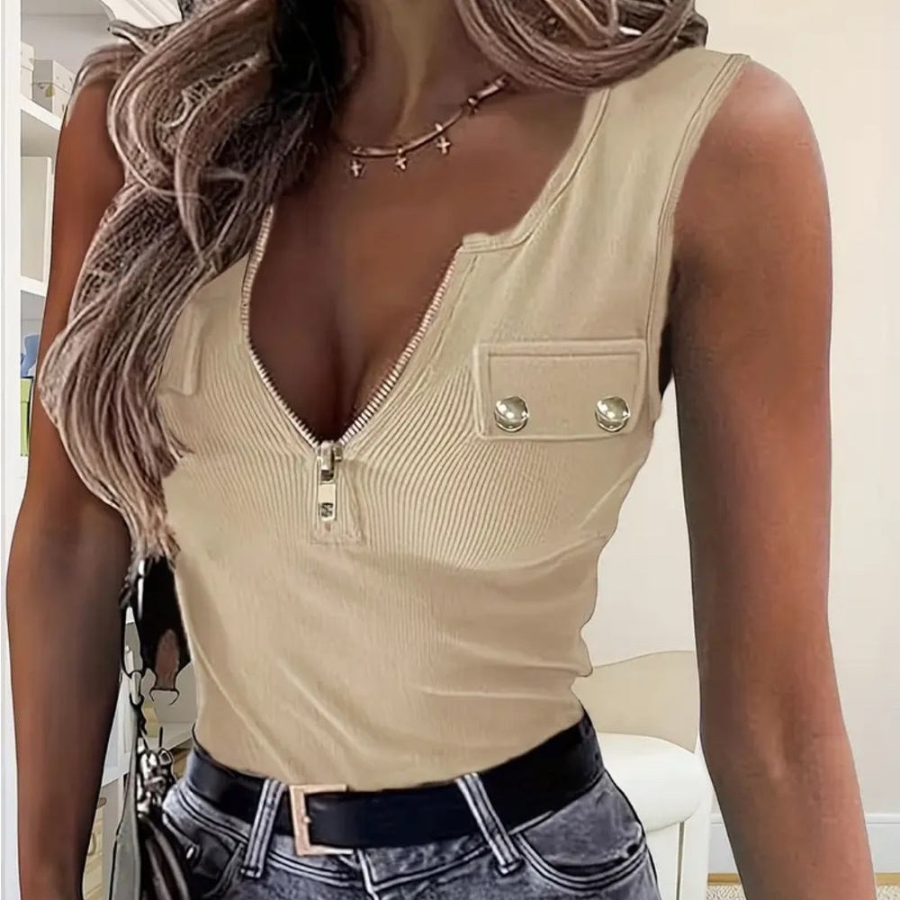 Sleeveless Zip V-Neck Ribbed Tank Top in Beige